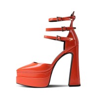 Pointed Toe Chunky Heels Platforms Ankle Buckle Straps Dorsay Pumps - Orange