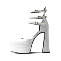 Pointed Toe Chunky Heels Platforms Ankle Buckle Straps Dorsay Pumps - White