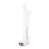 Square Toe Platforms Over The Knee Chunky Transparent Heels Boots - White