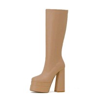 Square Toe Chunky Heels Double Platforms Knee Highs Boots - Apricot Tan Faux Leather