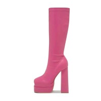 Square Toe Chunky Heels Double Platforms Knee Highs Boots - Rose Faux Leather