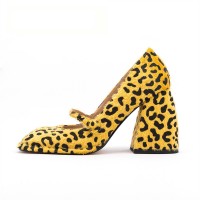 Square Toe Chunky Heels Mary Janes Leopard Shoes - Yellow