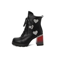 Round Toe Chunky Heels Platforms Ankle LaceUp Heart Boots - Black