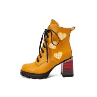 Round Toe Chunky Heels Platforms Ankle LaceUp Heart Boots - Yellow