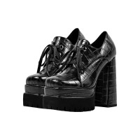 Round Toe Chunky Heels Platforms Lace Up Crocodile Pattern Pumps - Black
