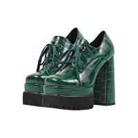 Round Toe Chunky Heels Platforms Lace Up Crocodile Pattern Pumps - Green