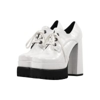 Round Toe Chunky Heels Platforms Lace Up Crocodile Pattern Pumps - White