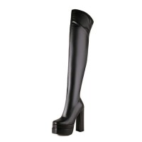 Round Toe Over The Knee Chunky Heels Side Zipper Platforms Super Sexy Boots - Black