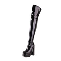 Round Toe Over The Knee Chunky Heels Side Zipper Platforms Super Sexy Patent Boots - Black