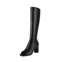 Peep Toe Knee Highs Chunky Heels Summer Party Zipper Boots - Black
