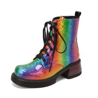 Round Toe Lace Up Low Chunky Heels Ankle Highs - Iridescence Multicolor Patent