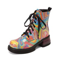 Round Toe Lace Up Low Chunky Heels Ankle Highs - Watercolor Multicolor Patent