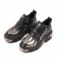 Metal Toe Platforms Gothic Punk Style Flats Buckle Straps Flame Black Loafers
