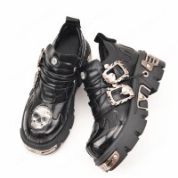 Metal Toe Platforms Gothic Punk Style Flats Buckle Straps Skeleton Black Loafers