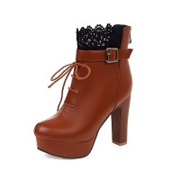 Round Toe Block Heels Ankle Buckle Straps LaceUp Booties with Back Zipper - Auburn