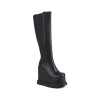 Round Toe Wedges Platforms Knee Highs Chelsea Boots with Side Zipper - Black