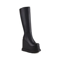 Round Toe Wedges Platforms Knee Highs Boots with Side Zipper - Black
