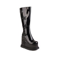 Round Toe Wedges Platforms Knee Highs Rising Stars Boots with Side Zipper - Black