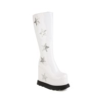 Round Toe Wedges Platforms Knee Highs Rising Stars Boots with Side Zipper - White