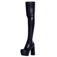 Round Toe Chunky Heels Platforms Side Zipper Over The Knees Thigh Highs Boots - Black Faux Leather