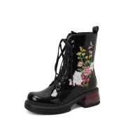 Round Toe Chunky Heels Platforms Ankle LaceUp Floral Embroidery Boots with Side Zipper - Black