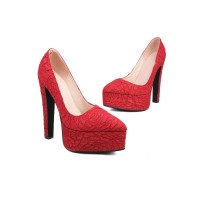 Pointed Toe Block Heels Fabric Embroidery Flowers Platforms Pumps - Red