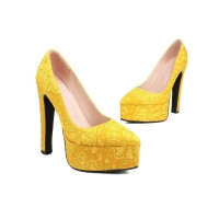Pointed Toe Block Heels Fabric Embroidery Flowers Platforms Pumps - Yellow