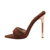 Pointed Open Toe Stiletto Heels Slip On Sherpa Slippers Sandals - Brown Faux Wool