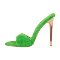Pointed Open Toe Stiletto Heels Slip On Sherpa Slippers Sandals - Green Faux Wool