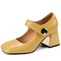 Square Toe Chunky Heels Mary Janes Buckle Straps Vintage Pumps - Yellow