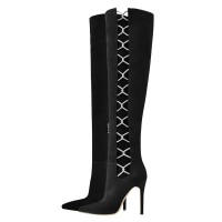 Pointed Toe Stiletto Heels Rhinestone Chain Over The Knee Thigh High Booties - Black Flock