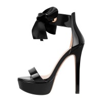 Peep Toe Stiletto Heels Low Platforms Ankle Ribbon Lace Up Sandals - Black Patent