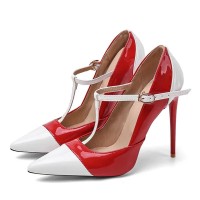 Pointed Toe Stiletto Heels Buckle T Straps Mary Janes Pumps - Red