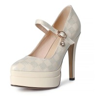 Chunky Heels Pointed Toe Mary Janes Checkered Platforms Pumps Sandals - Apricot