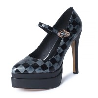 Chunky Heels Pointed Toe Mary Janes Checkered Platforms Pumps Sandals - Black