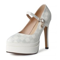 Chunky Heels Pointed Toe Mary Janes Checkered Platforms Pumps Sandals - Beige