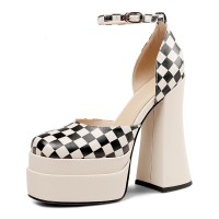 Chunky Heels Square Toe Ankle Buckle Straps Checkered Platforms Pumps Sandals - Beige