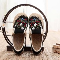 Round Toe Linen Retro Bohemian Slip On Embroidered Help Flats Loafers - Black Cotton
