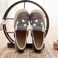 Round Toe Linen Retro Bohemian Slip On Embroidered Help Flats Loafers - Gray Cotton