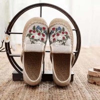 Round Toe Linen Retro Bohemian Slip On Embroidered Help Flats Loafers - White Cotton