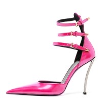 Pointed Toe Ankle Buckle Straps Curved Stiletto Heels Mary Janes Pumps - Rose