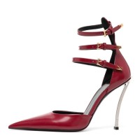 Pointed Toe Ankle Buckle Straps Curved Stiletto Heels Mary Janes Pumps - Red