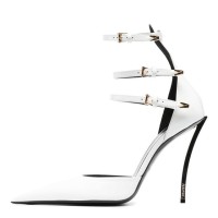 Pointed Toe Ankle Buckle Straps Curved Stiletto Heels Mary Janes Pumps - White