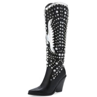Pointed Toe Chunky Heels Rhinestones Crystals Cowboy Western Knee Highs Boots - Black
