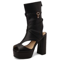 Peep Toe Platforms Chunky Heels Ankle Buckle Straps Back Zipper Summer Pumps Booties - Black