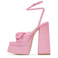 Peep Toe Butterfly Knot Ankle Gladiator Buckle Straps Chunky Heels Platforms Glitters Sandals - Pink