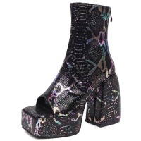 Peep Toe Snake Print Platforms Ankle Highs Short Back Zipper Chunky Heels Summer Boots - Black