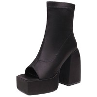 Peep Ankle High Back Zipper Chunky Heels Platforms Satin Pumps Boots - Black