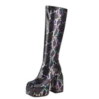 Square Toe Chunky Heels Knee Highs Snake Prints Side Zip Platforms Boots - Black Faux Leather