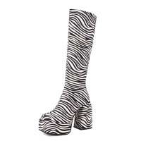 Square Toe Chunky Heels Knee Highs Zebra Prints Side Zip Platforms Boots - White Black Faux Leather